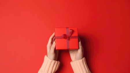 A person holding a red gift box with a white ribbonの素材