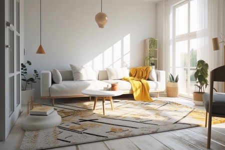 A living room with a white couch and yellow pillowsの素材