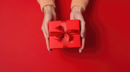A person holding a red gift box with a white ribbonの素材