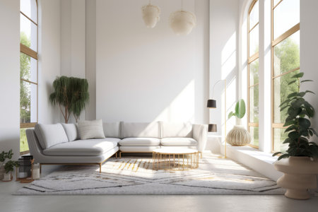 A living room with a white couch and yellow pillowsの素材