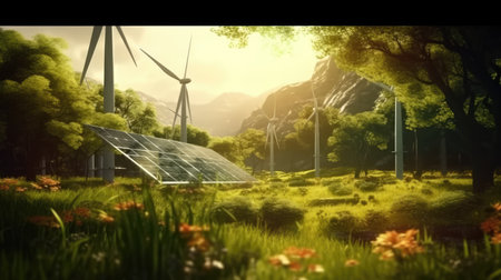 An electric windmill landscape with windmills in the backgroundの素材