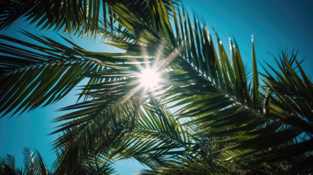 Photo of sun rays passing through the lush green palm tree leaves, beach summer concept, backgroundの素材