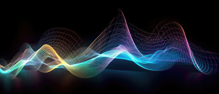 A colorful wave of light on a black backgroundの素材