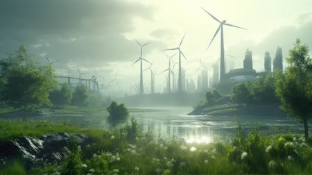 An electric windmill landscape with windmills in the backgroundの素材