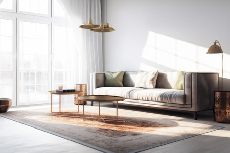 A living room with a white couch and yellow pillowsの素材