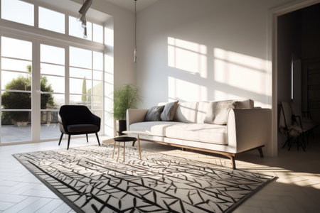 A living room with a white couch and yellow pillowsの素材