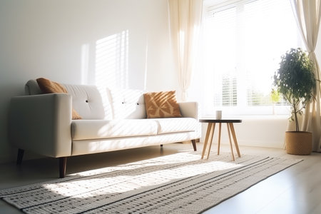 A living room with a white couch and yellow pillowsの素材