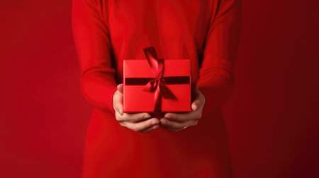 A person holding a red gift box with a white ribbonの素材