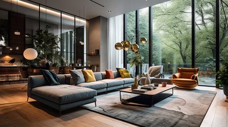 modern mid century living room interior. An elegant and luxurious living room with a comfortable sofa and armchair.の素材