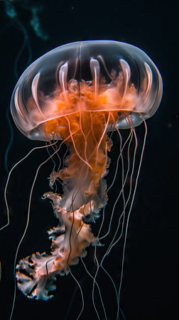Glowing jellyfish swim deep in blue sea.Colorful glowing jellyfish in the darkの素材
