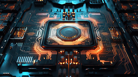 Processor socket in neon light. Motherboard with microchips.Microchip and motherboard closeup. Cyber tech, cloud computingの素材