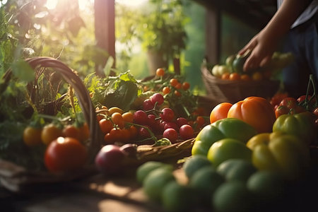 Farmer collecting vegetables, sunset image, vegetables close up, fresh healthy fruits and vegetables, eat clean, greeneryの素材