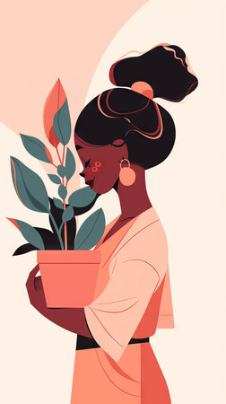 Woman holding a flower pot, boho colors style, minimal design concept. Greenery growing flowers at home, vertical garden style.の素材