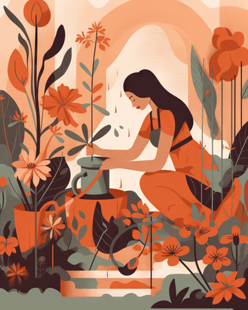 Modern woman spending time in greenhouse or home garden with plants growing in pots. Trendy vector illustration in flat cartoon style.の素材