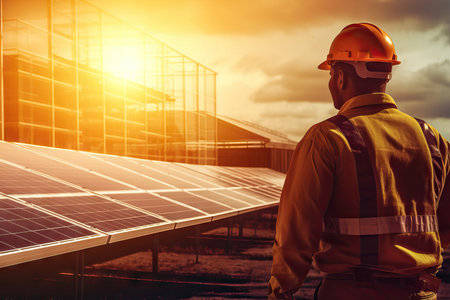 worker during a sunset, Engineer and solar panel in construction for renewable energy, electricity or technology, sun or testing power on buildingの素材