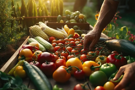 Farmer collecting vegetables, sunset image, vegetables close up, fresh healthy fruits and vegetables, eat clean, greeneryの素材