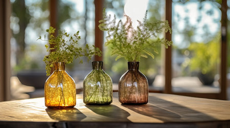 Beautiful fresh orange flowers bouquet in crystal glass vase on table in warm sunset sun lights against balcony windowの素材