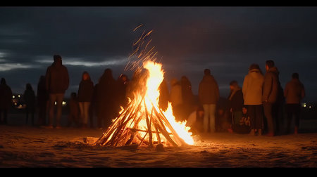 Bonfire with blurred people having fun, festival day, summer camp concept, night party, friends having fun,の素材