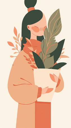 Woman holding a flower pot, boho colors style, minimal design concept. Greenery growing flowers at home, vertical garden style.の素材