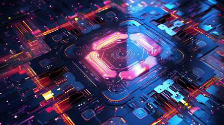 Processor socket in neon light. Motherboard with microchips.Microchip and motherboard closeup. Cyber tech, cloud computingの素材