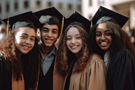 Portrait of a group of students graduation day.Students, hands up or graduation success with diploma paper.smile or happy graduate friendsの素材