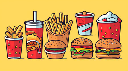 Cute cartoon fast food characters icon .Pizza, taco, hamburger, fries potatoes, ramen noodle soup, hot dog, popcorn, chicken legの素材