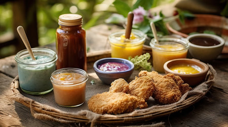 colorful outdoor picnic. ranch dipping sauce, remoulade sauce, and honey mustard sauceの素材