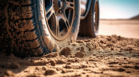A big wheel of the 4x4 off-road car driving on terrain route .Getting off the beaten path. Car wheels on steppe terrain splashing with dirtの素材