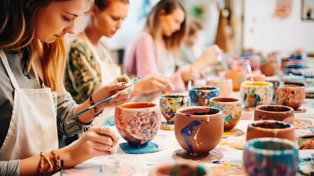 Group of people painting clay. Hobbie activity indoors, painting watercolor. Close up hands during a class. Adult people learning skillsの素材