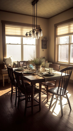 A colorful and eclectic living room with a dining table, inspired by mid-century modern design, dreamy warm styleの素材