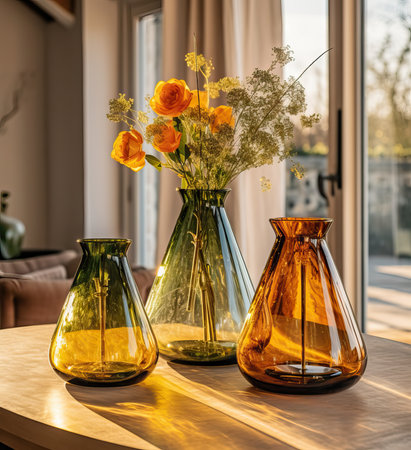 Beautiful fresh orange flowers bouquet in crystal glass vase on table in warm sunset sun lights against balcony windowの素材