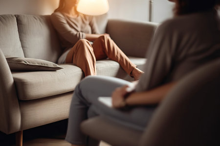 Thinking psychologist, therapy and woman in consultation for mental health on sofa. Therapist, psychology and female patient consulting, counseling and discussion for depression, memory and problemの素材