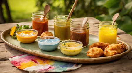 colorful outdoor picnic. ranch dipping sauce, remoulade sauce, and honey mustard sauceの素材