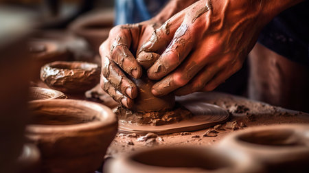 Potter modeling ceramic pot from clay on a potter's wheel. Pottery. Craftsperson turning clay on pottery wheel, creating vaseの素材