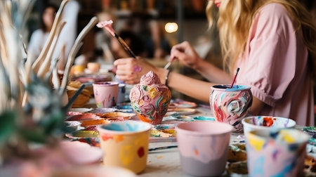Group of people painting clay. Hobbie activity indoors, painting watercolor. Close up hands during a class. Adult people learning skillsの素材