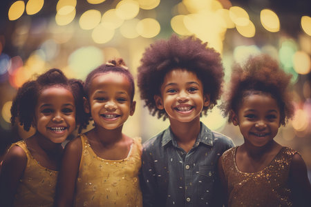 Beautiful and adorable afro american kids celebrating life, defocused bokehの素材