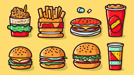 Cute cartoon fast food characters icon .Pizza, taco, hamburger, fries potatoes, ramen noodle soup, hot dog, popcorn, chicken legの素材