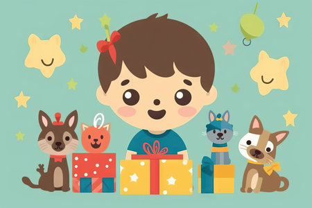 birthday party for kids, vector style illustration, celebrating birthday. Children having fun.の素材