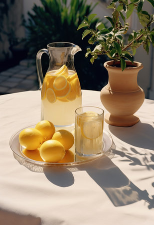 Summer lemonade with basil and lime on white background. One fresh summer cocktailの素材