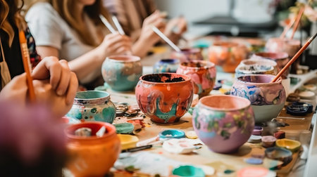 Group of people painting clay. Hobbie activity indoors, painting watercolor. Close up hands during a class. Adult people learning skillsの素材
