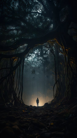 Silhouette of person standing in the dark forest with light. Horror halloween concept. strange silhouette in a dark spooky forest at nightの素材