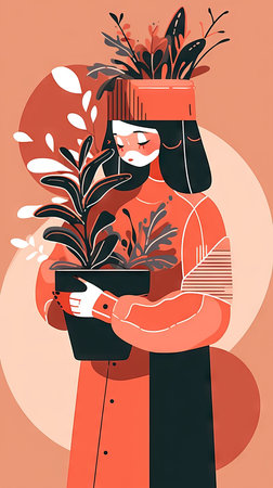 Woman holding a flower pot, boho colors style, minimal design concept. Greenery growing flowers at home, vertical garden style.の素材