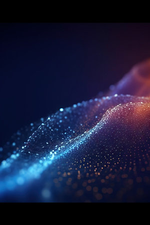 Futuristic data stream 3d illustration. Data transfer technology. Wave of dots and weave lines. Abstract background.の素材