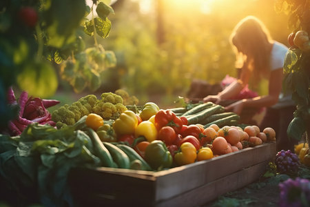 Farmer collecting vegetables, sunset image, vegetables close up, fresh healthy fruits and vegetables, eat clean, greeneryの素材