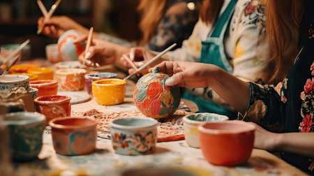 Group of people painting clay. Hobbie activity indoors, painting watercolor. Close up hands during a class. Adult people learning skillsの素材