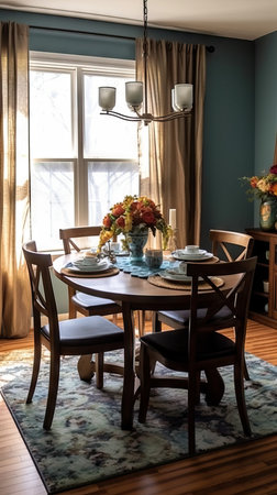 A colorful and eclectic living room with a dining table, inspired by mid-century modern design, dreamy warm styleの素材