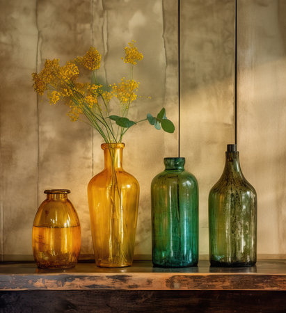 Beautiful fresh orange flowers bouquet in crystal glass vase on table in warm sunset sun lights against balcony windowの素材