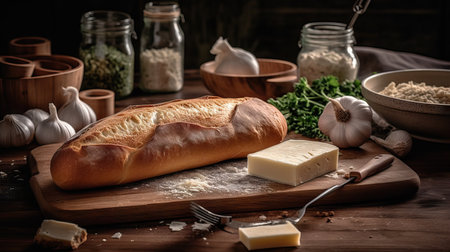 fresh baked French baguette, stick of butter, and garlic arranged artfully on a wooden butcher's block counterの素材