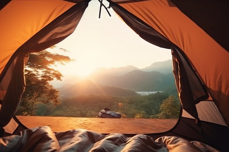 Beautiful mountain view in sunset time at camping vacation holiday thought tent, defocused bokeh, flareの素材