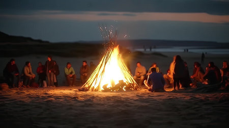 Bonfire with blurred people having fun, festival day, summer camp concept, night party, friends having fun,の素材
